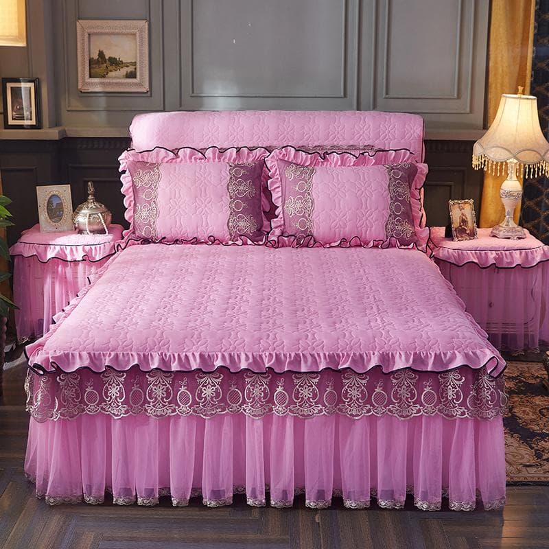 Luxury Lace Thickened Bedspread Solid color Home Bed Skirt with Pillowcase Bed Sheet skirt Embroidery European-style Bed Spreads 150x200cm 3pcs