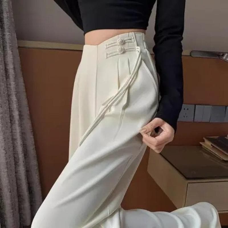 New Chinese Style Folding Suit Pants for Women In Spring and Summer High Waist Drooping Slim Casual Loose Straight Wide-leg Pants 2XL