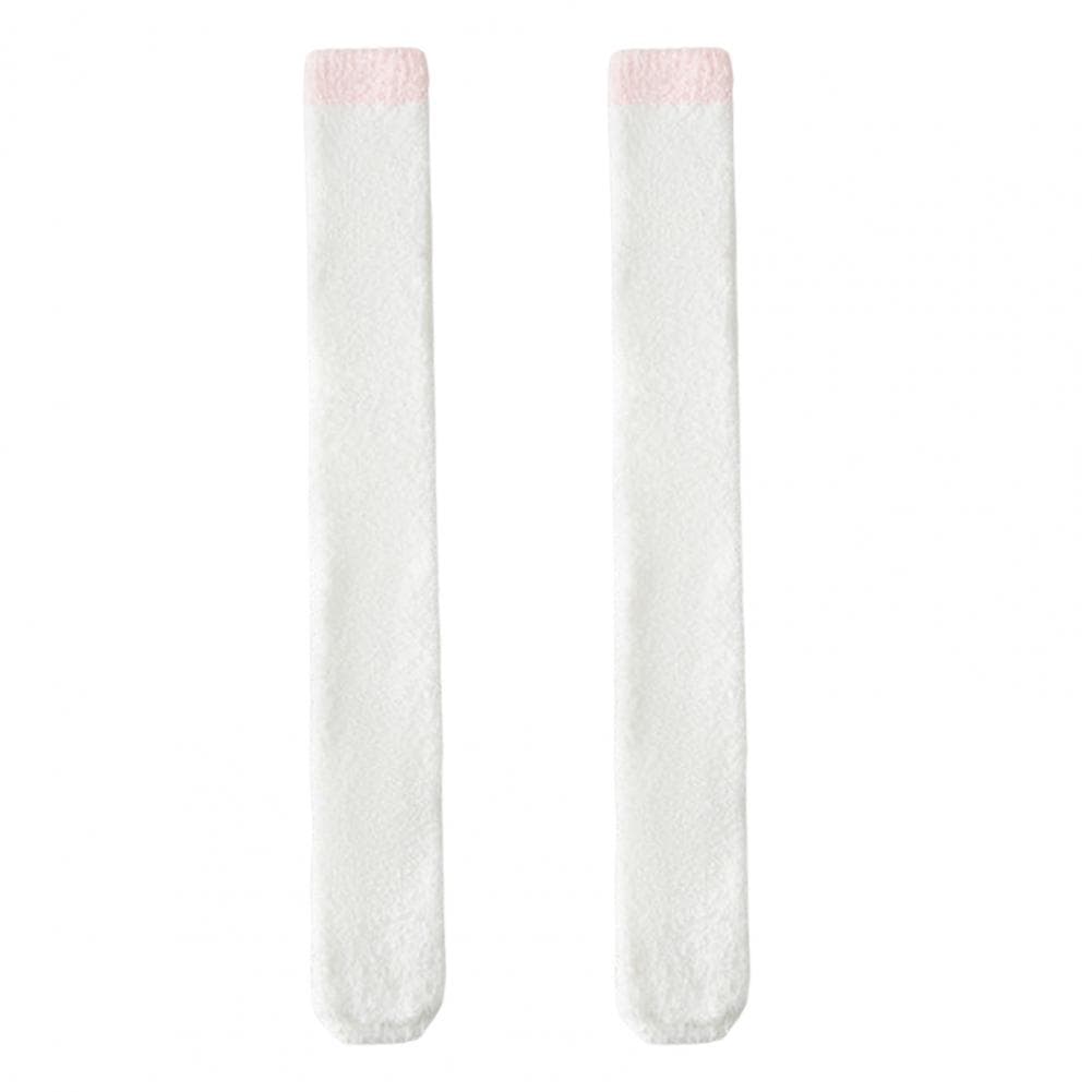 1 Pair Women Coral Fleece Stockings Thigh High Plush Thermal Socks Autumn Winter Long Tube Stockings for Daily Wear white