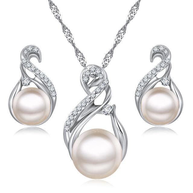 Geometric 8-Shaped Pearl Diamond Necklace and Earring Set for Bridal Weddings silver