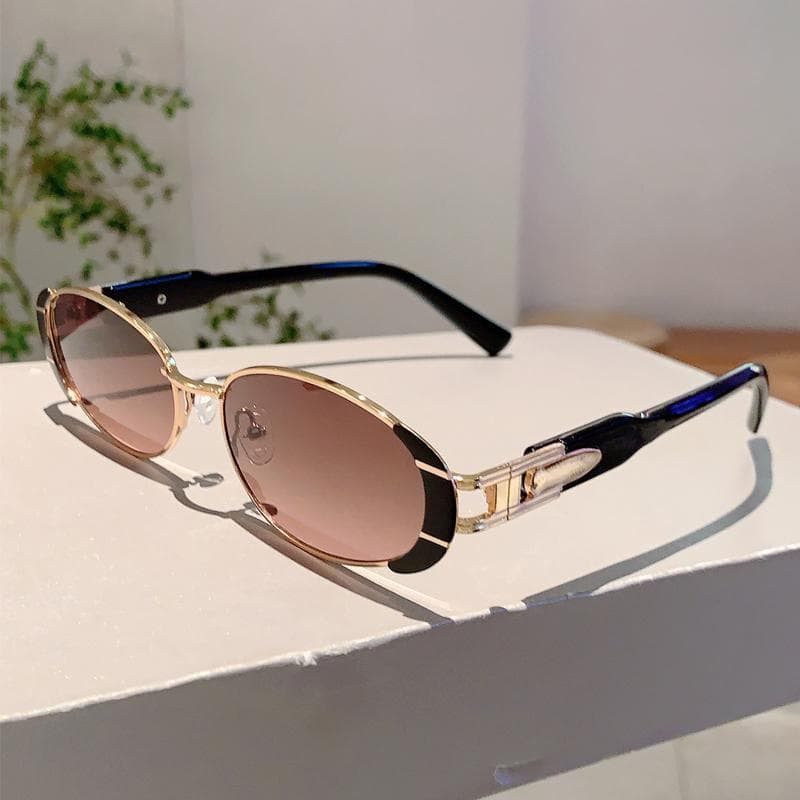 KAMMPT Women Retro Oval Sunglasses Fashion Leopard Decor Tawny Shades Metal Frame Trendy Beach Accessories Stylish Ladies Eyewear as picture shows
