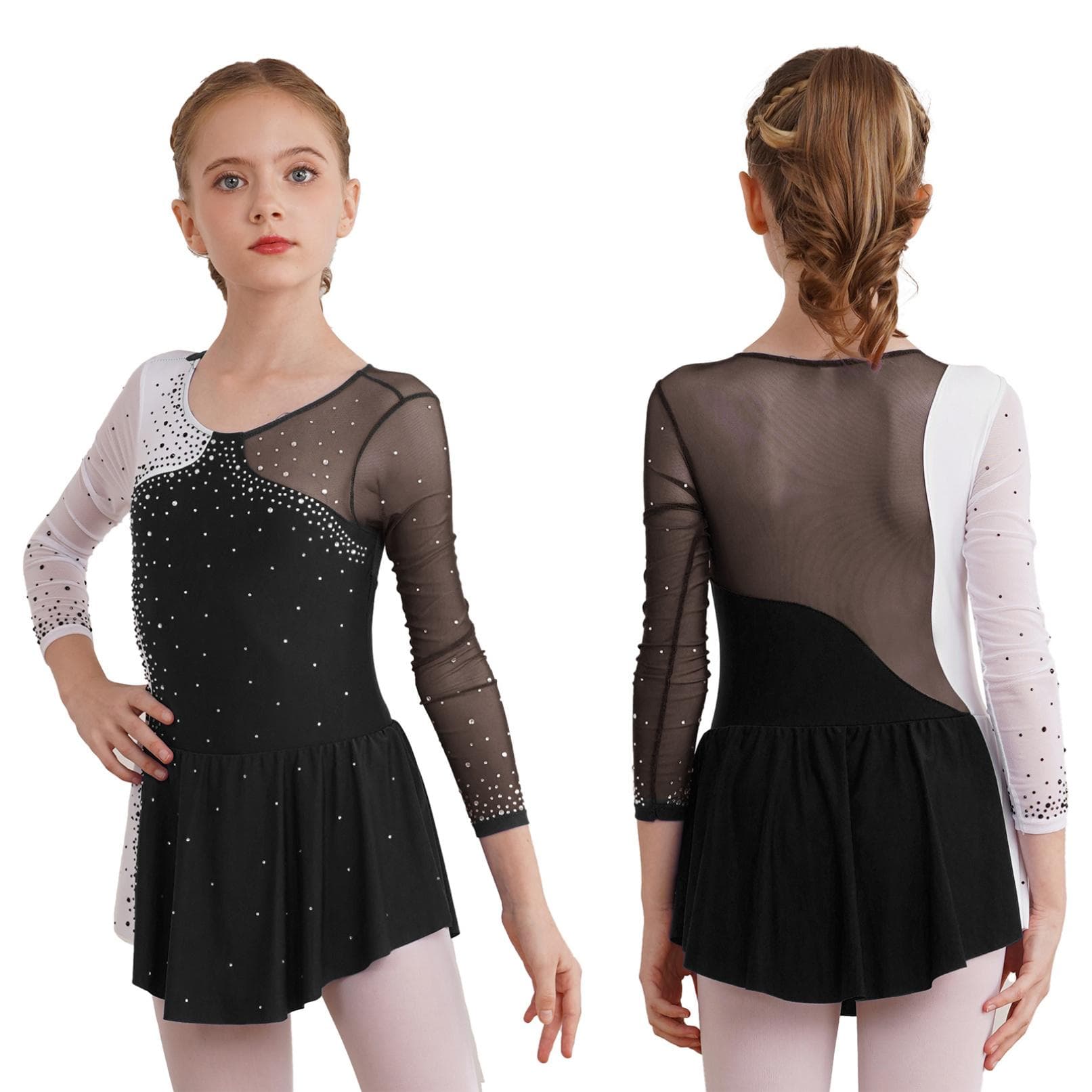 Girl Stylish Ballet Dance Dress Round Neckline Shiny Rhinestone Decorated Gymnatics Leotards Party Wear 11-12 Years black