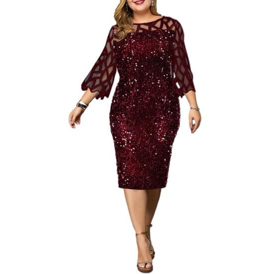 Women O Neck 3/4 Sleeve Sheer Patchwork Shiny Sequins Bodycon Knee-length Dress 4XL red