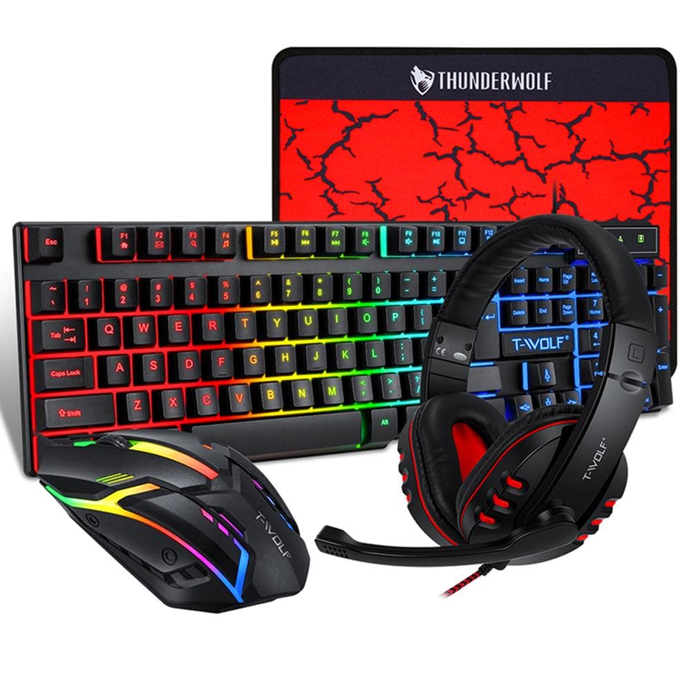 T-WOLF TF800 Four-piece Gaming Combo 104 Keys Keyboard 4-color Breathing Light Mouse 3.5mm Gaming black