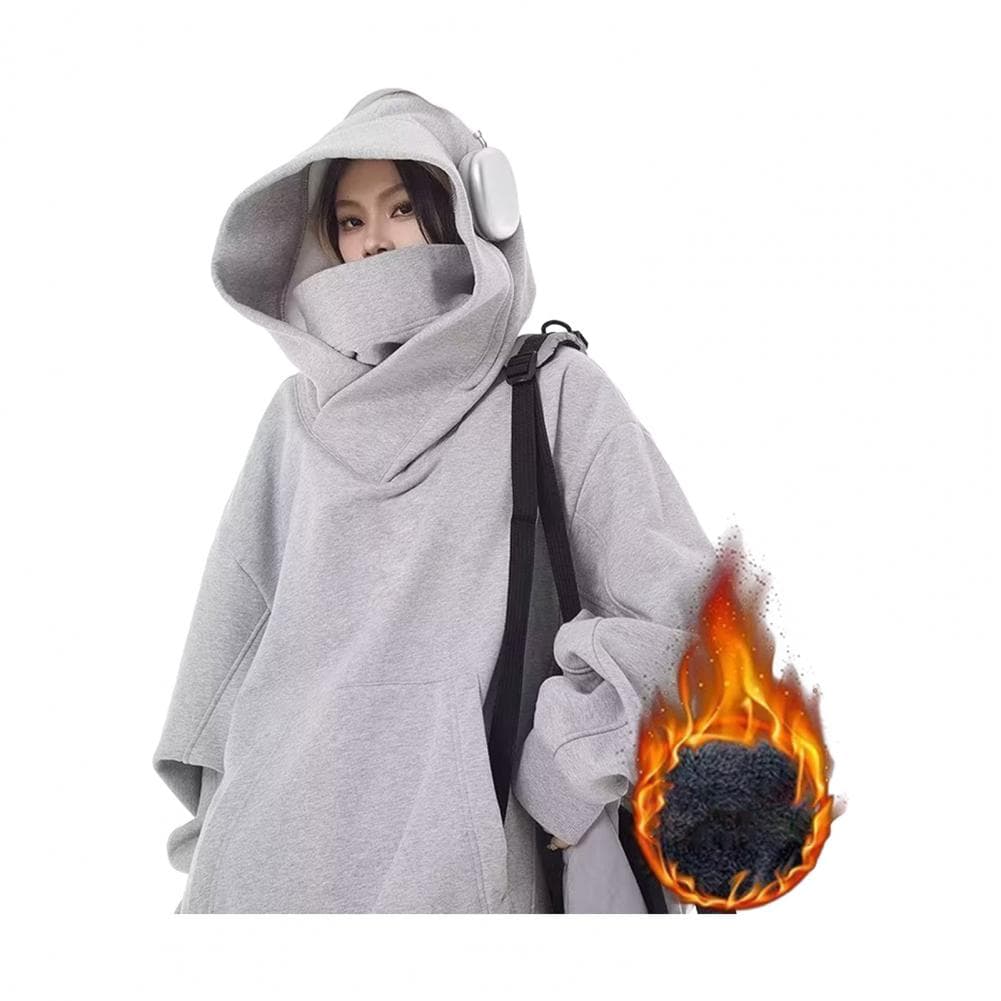 Fall Winter Men Hoodie Oversize Hooded Long Sleeves Pure Color Hip Hop High Collar Big Patch Pocket Elastic Cuff Mid Length Warm M light grey