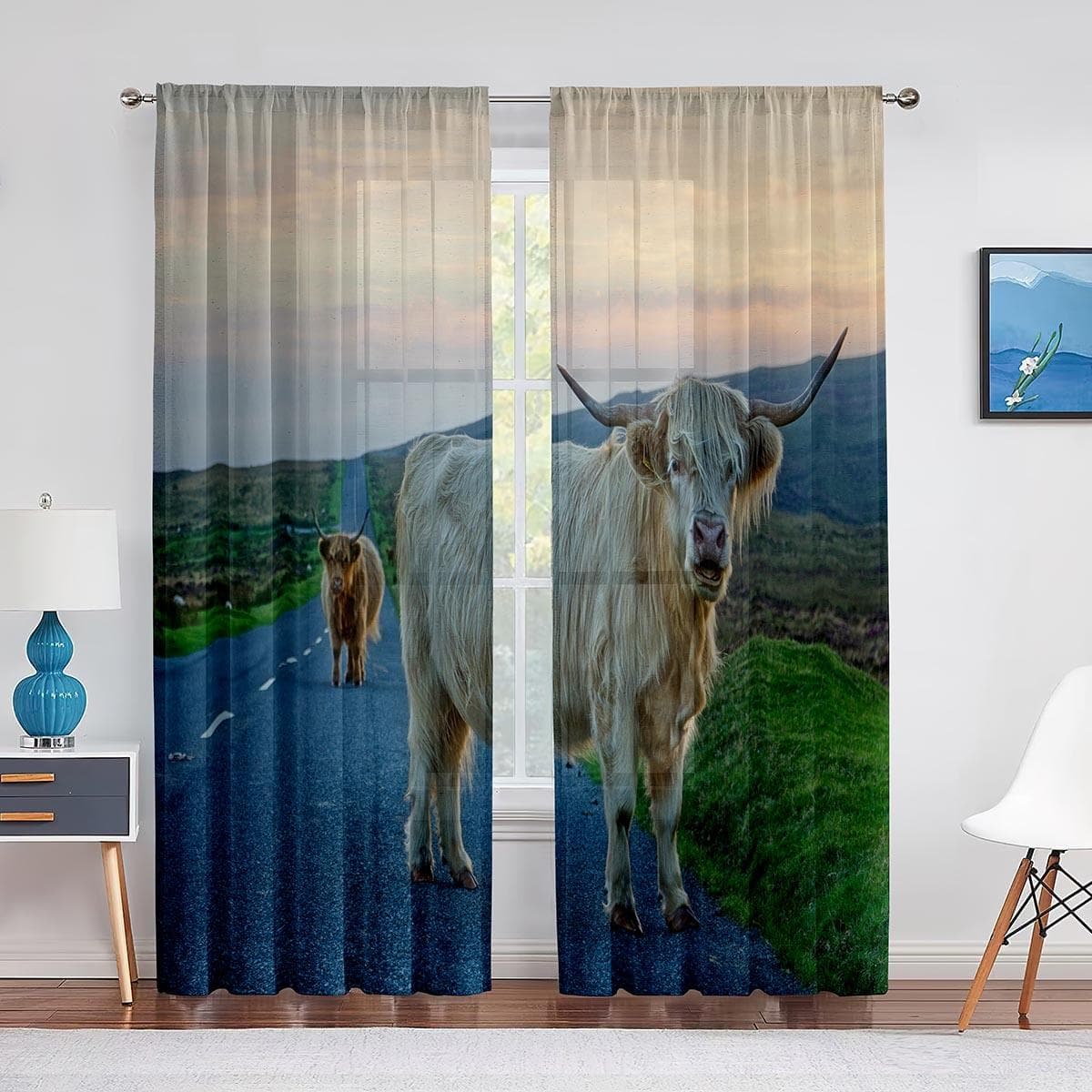 Highland Cow Sheer Voile Curtain Farmhouse Western Cattle Bull Window Tulle Curtains for Living Room Bedroom Kitchen Decoration 1 PCS W100XH250cm&Grommet Top