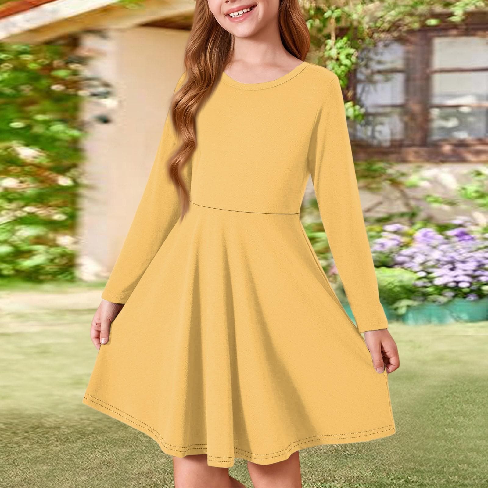 Girls' Summer Princess Dress - Long Sleeve A-Line T-Shirt Dress 160 yellow