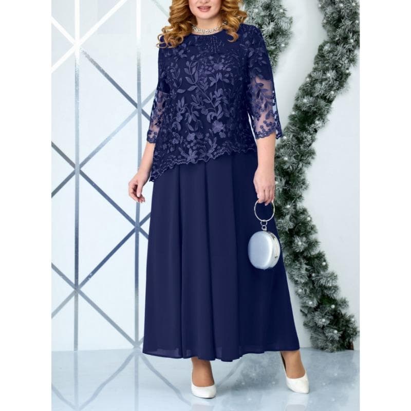 Plus Size Women's New Fashion Lace Chiffon Dress 5XL dark blue