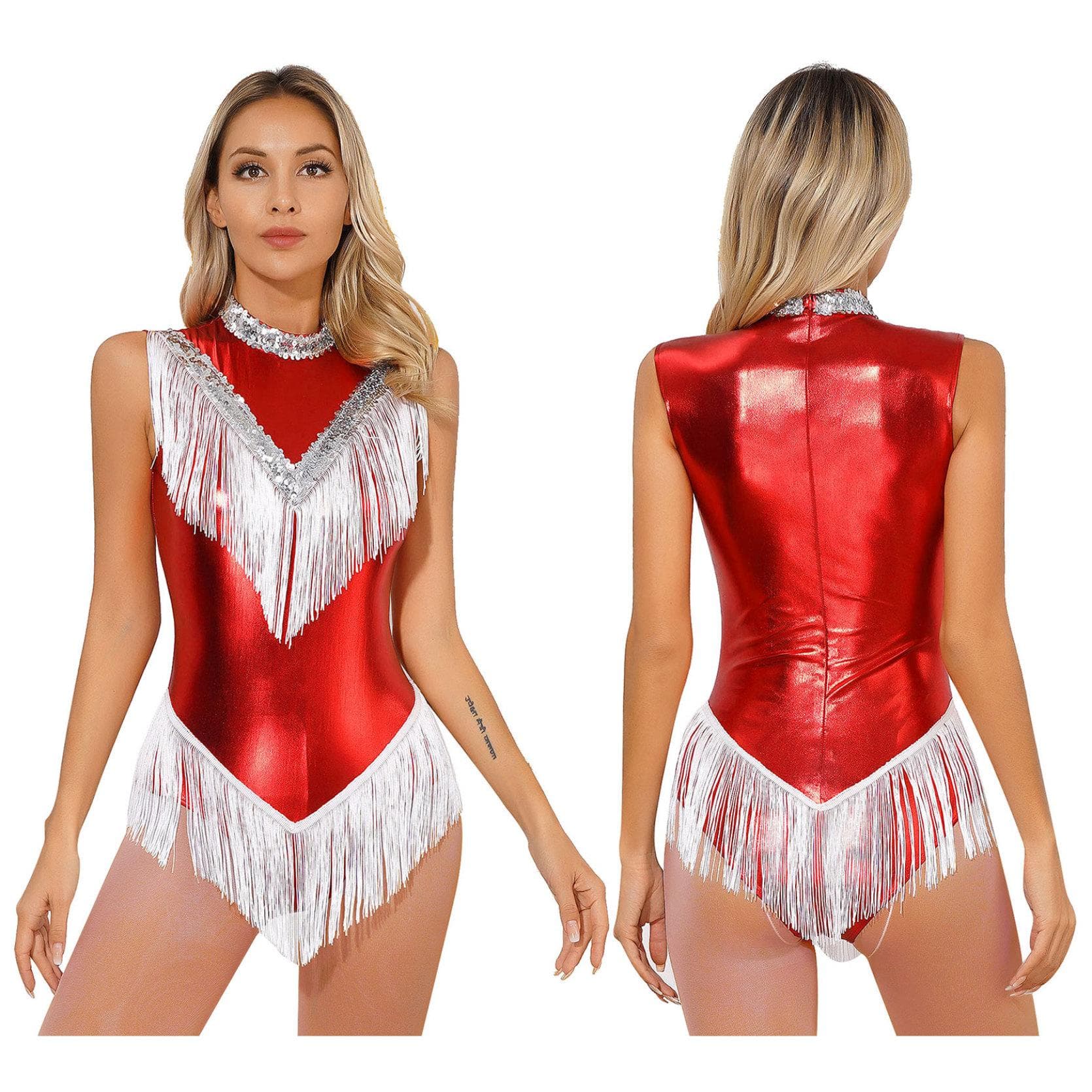 Womens Metallic Sleeveless Fringed Bodysuit Shiny Sequins Mock Neck Tassel Leotard for Latin Dance Performance M red