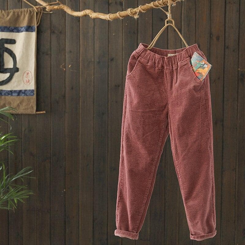 Johnature Corduroy Pants For Women Elastic Waist Solid Color Trouser Spring Women Cloths Pockets Casual Pants M pink