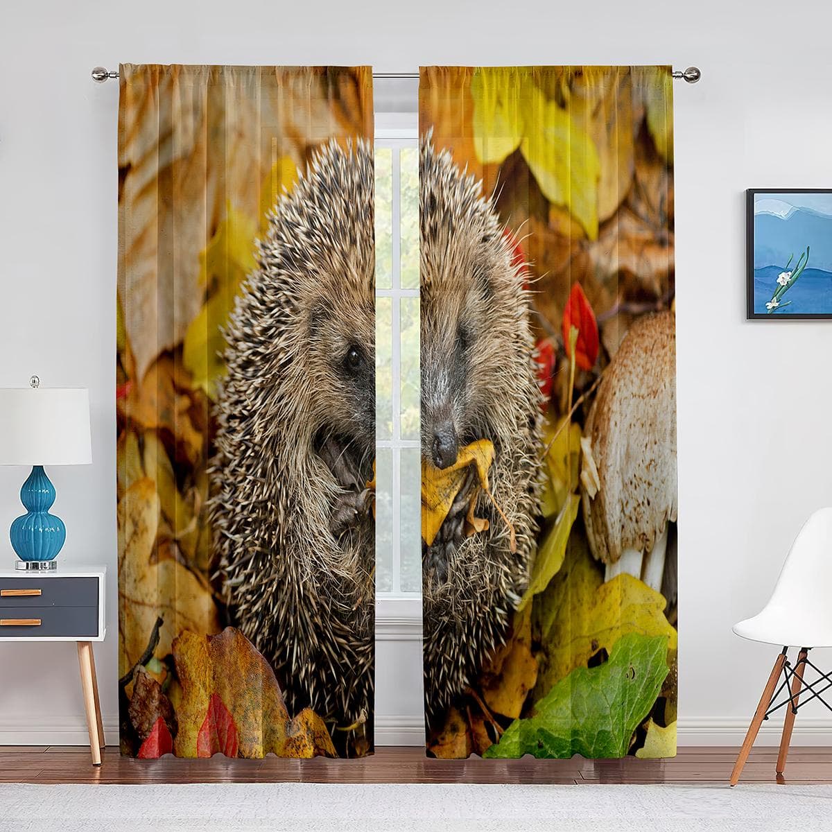 Hedgehog Cute Small Animal Tulle Curtains for Living Room Bedroom Decor Transparent Chiffon Sheer Voile Window Curtain Drapes 1 PCS W100XH250cm&Grommet Top