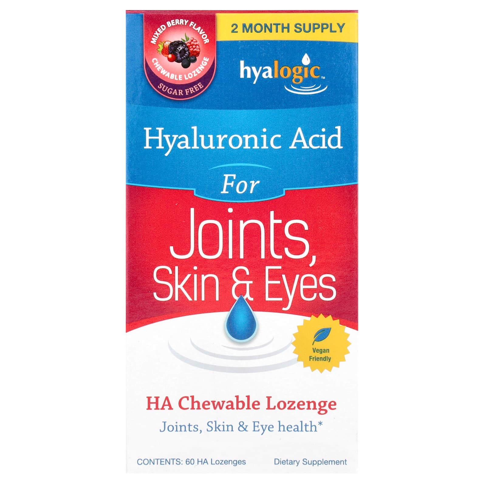Hyalogic, Hyaluronic Acid for Joints, Skin and Eyes, Sugar Free, Mixed Berry, 60 Lozenges