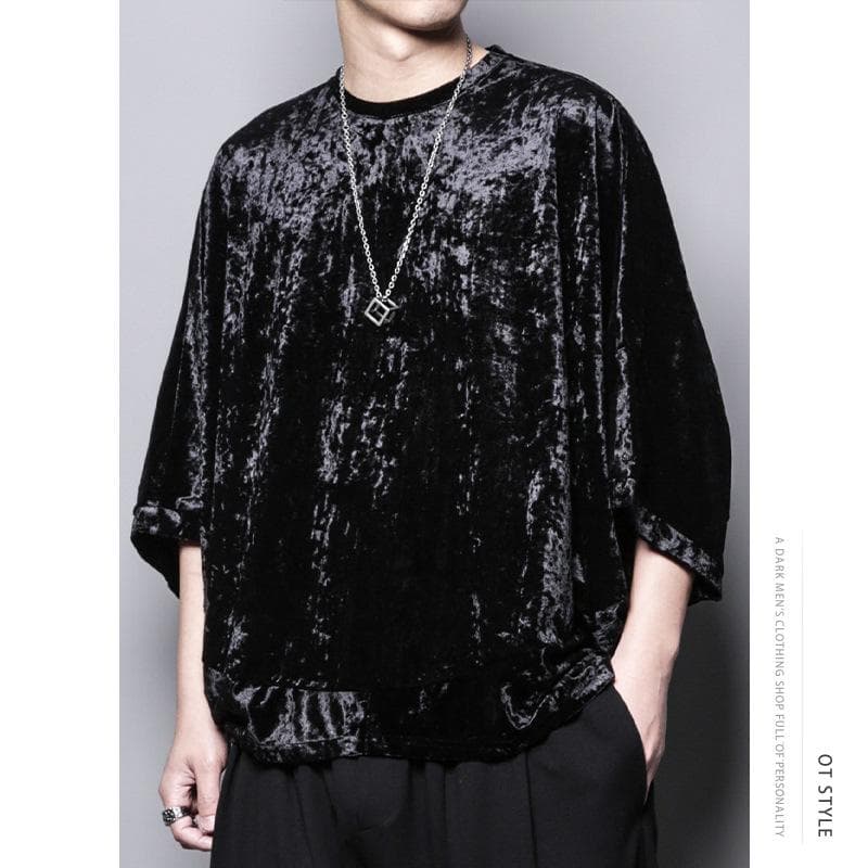 Dark Velvet Glossy Round Neck T-Shirt - European American Design, Simple Personality, Short Sleeves, Summer Style XL (Height 175 cm/Weight 72.5 kg)