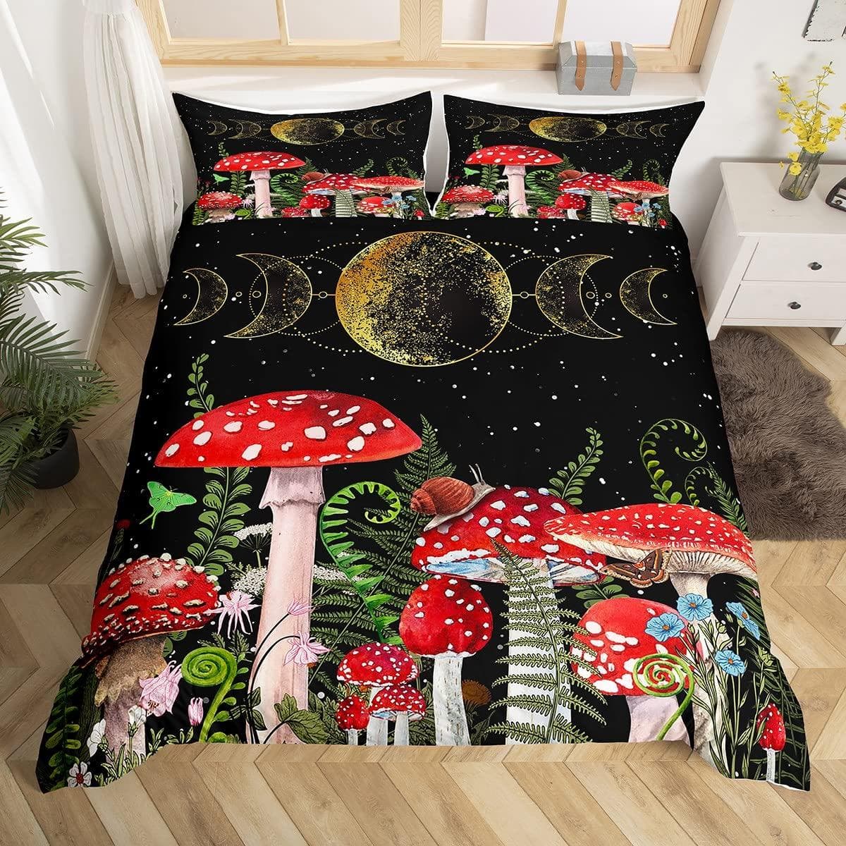 Mushroom Duvet Cover Set Burgundy Plant Fallen Leaves Bedding Set 2/3pcs For Kids Snail Print King Size Soft Comforter Cover EU single(135x200cm)