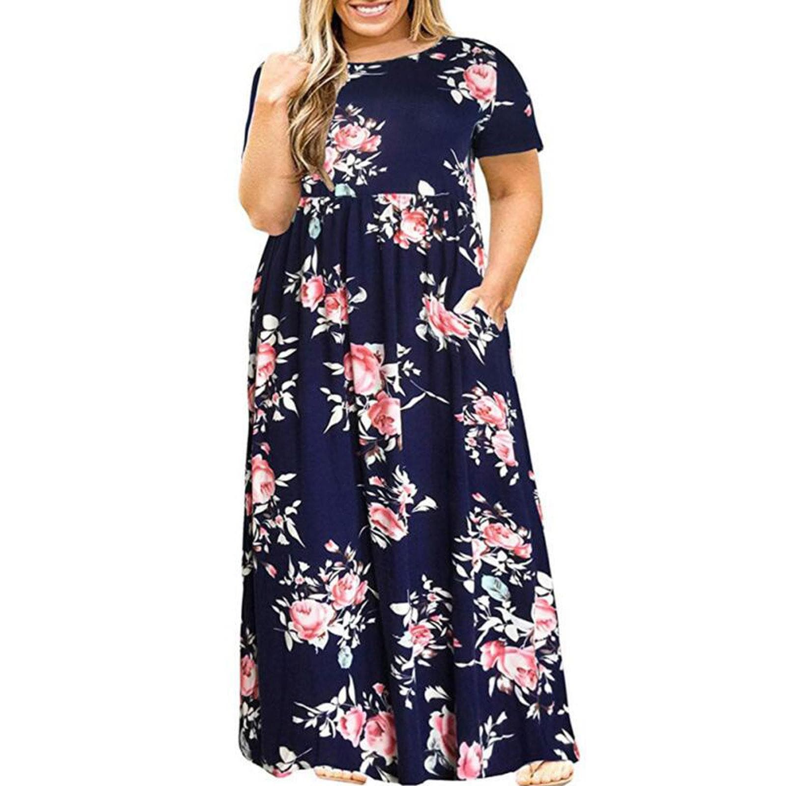 Plus Size Women Casual O-Neck Summer Short Sleeve Print Loose Pocket Long Dress XL pink