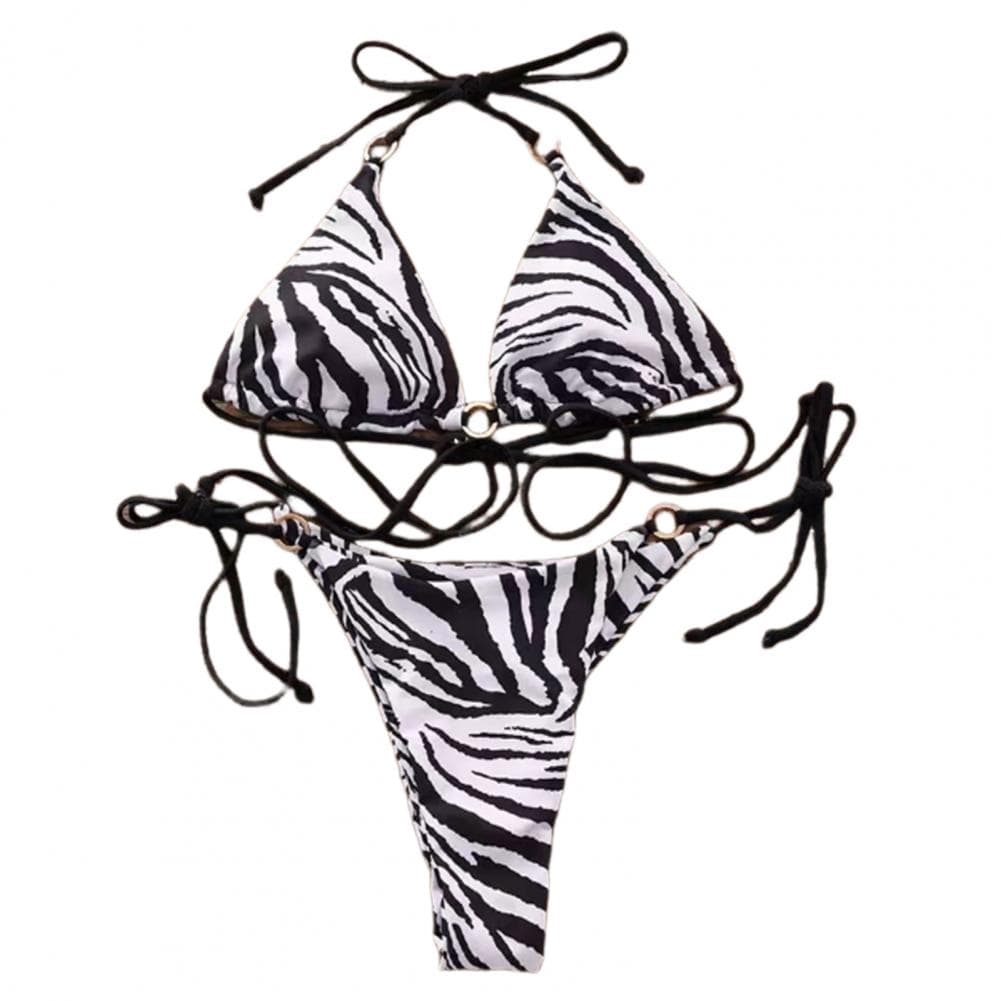 Low-rise Briefs Bikini Set Zebra Print Halter Bikini Set with High Waist Lace-up Briefs Women's Summer Swimwear Set with for A M white