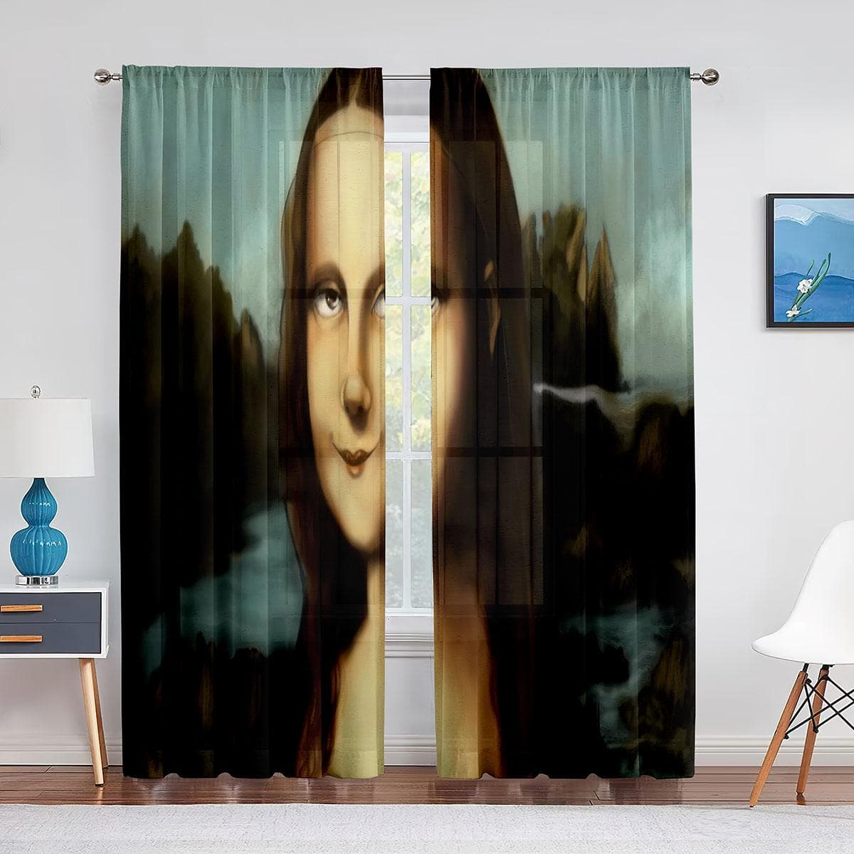 Mona Lisa and Funny Kittens Painting Tulle Curtain for Bedroom Window Curtain Luxury Cafe Hotel Decor Living Room Sheer Drape 1 PCS W250XH250cm&Grommet Top