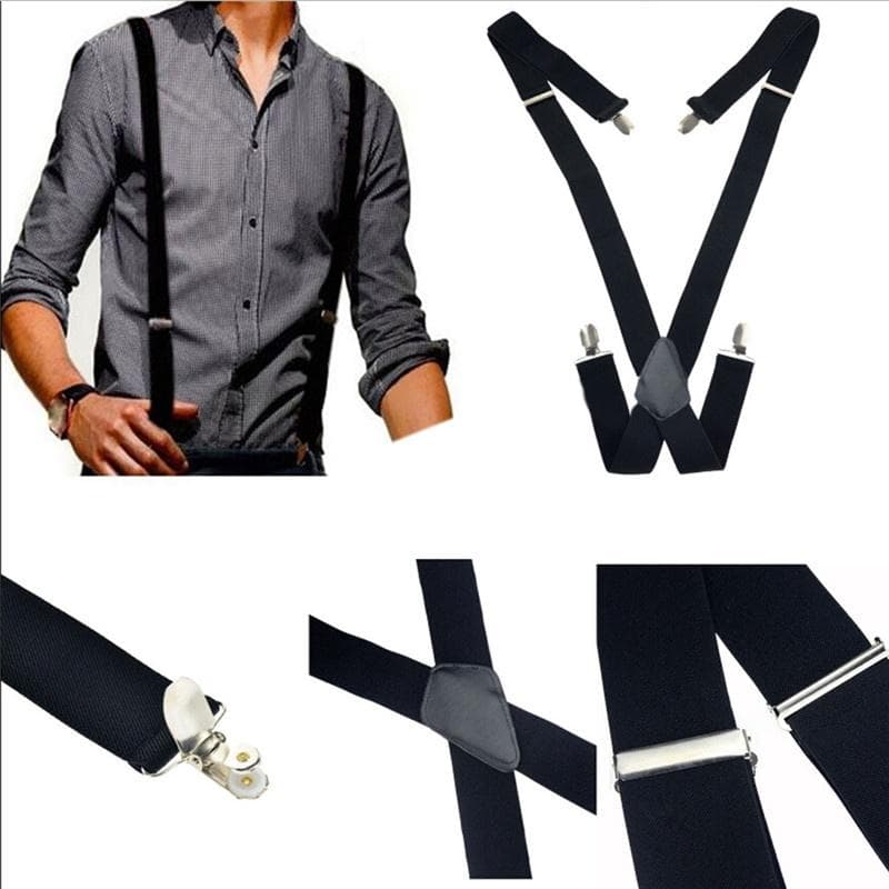 Mens Women Black Elastic Suspenders Leather Braces X-Back Adjustable Clip-on 1