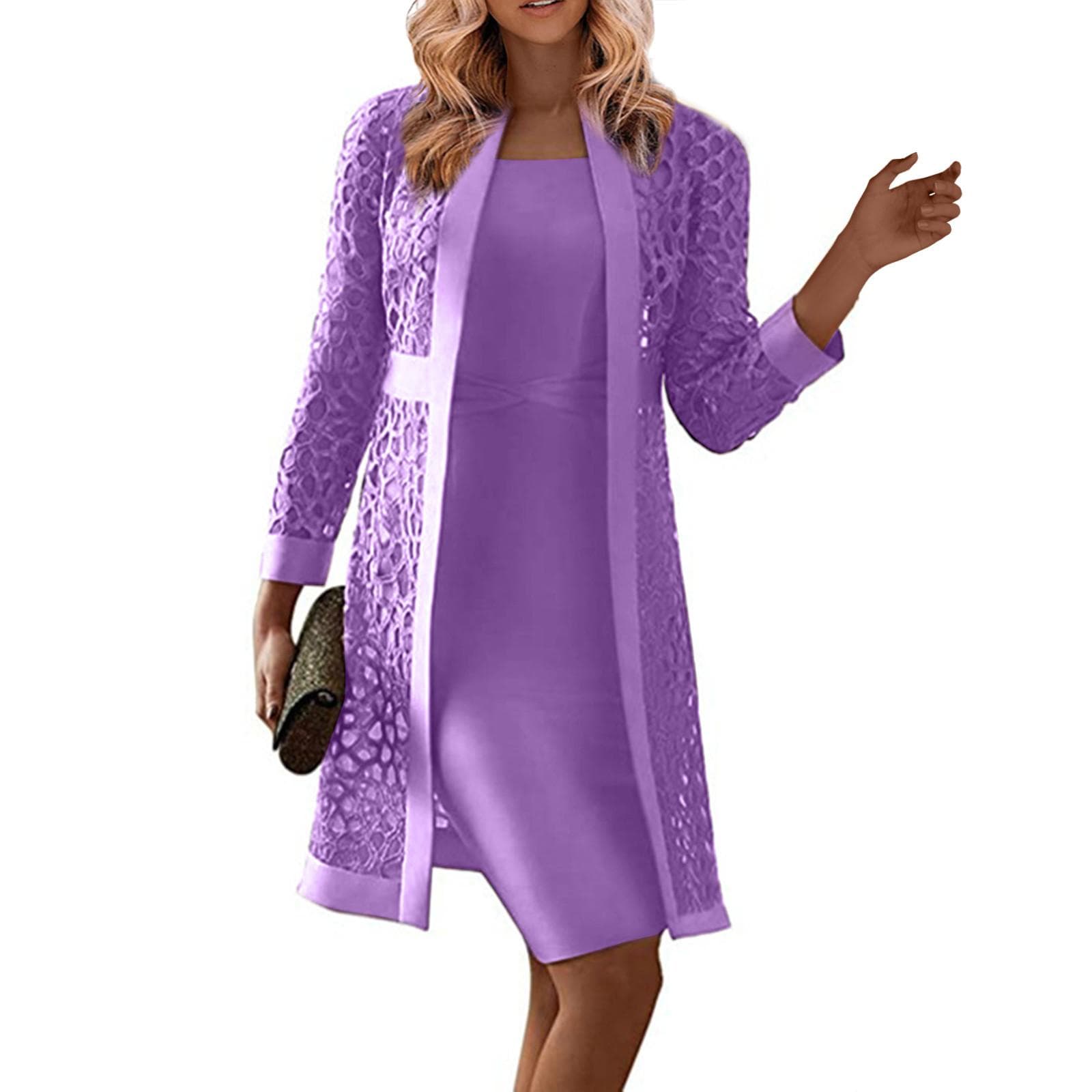 (SU)Lady Bridal Dress Mom Outfit Long-Sleeved Knee-Length Dress With Jacket M purple