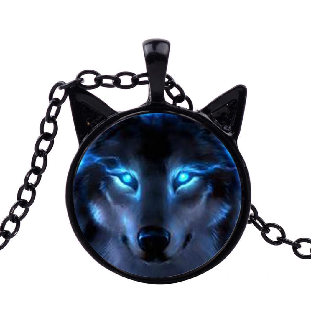 Unisex Jewelry Retro Wolf Head Pendant Cabochon Long Chain Sweater Necklace black