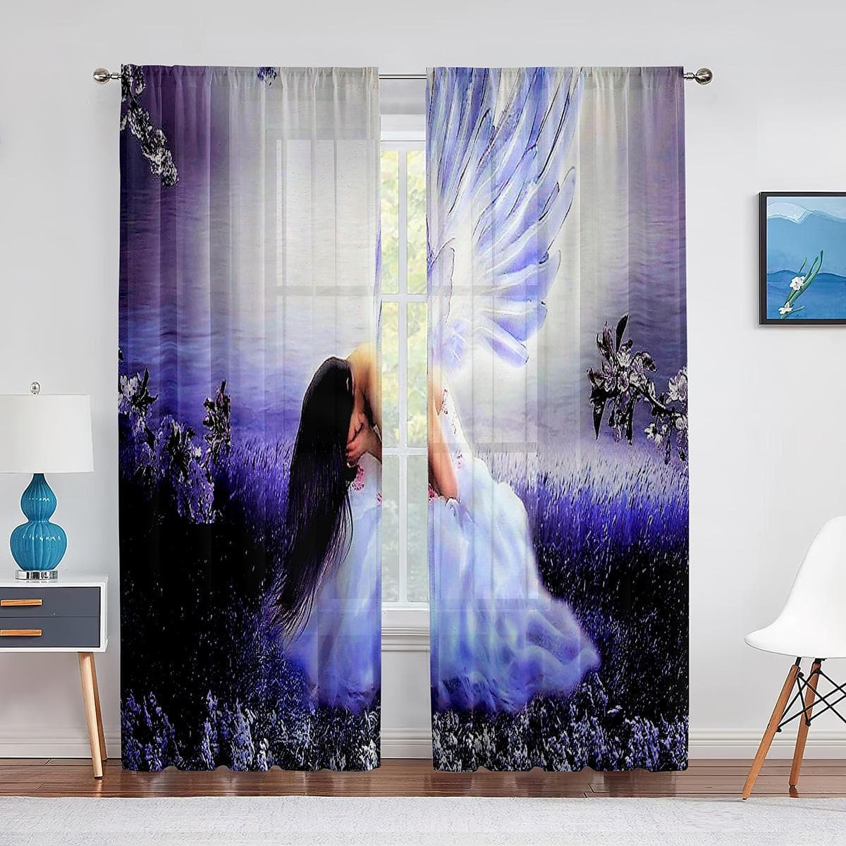 Dreamy Angel Wings Pink Purple Sheer Curtain for Living Room Bedroom Voile Drape Kitchen Window Tulle Curtains Home Decoration 1 PCS W100XH250cm&Grommet Top
