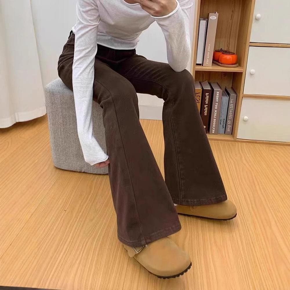 Thickened Brown Jeans for Women In Autumn and Winter New American High-waisted Slim Horseshoe Trousers M