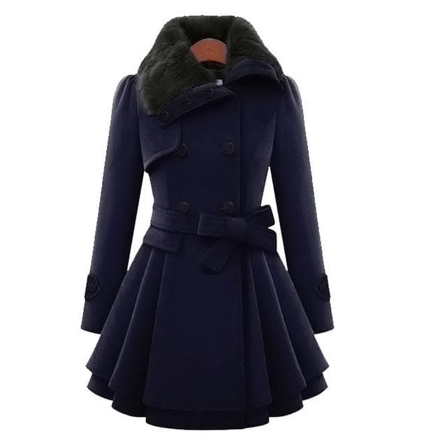 Women Vintage Woolen Coat Slim Trench Coats Lady Fur Collar Winter Woolen Coat Jackets Outwear S navy blue
