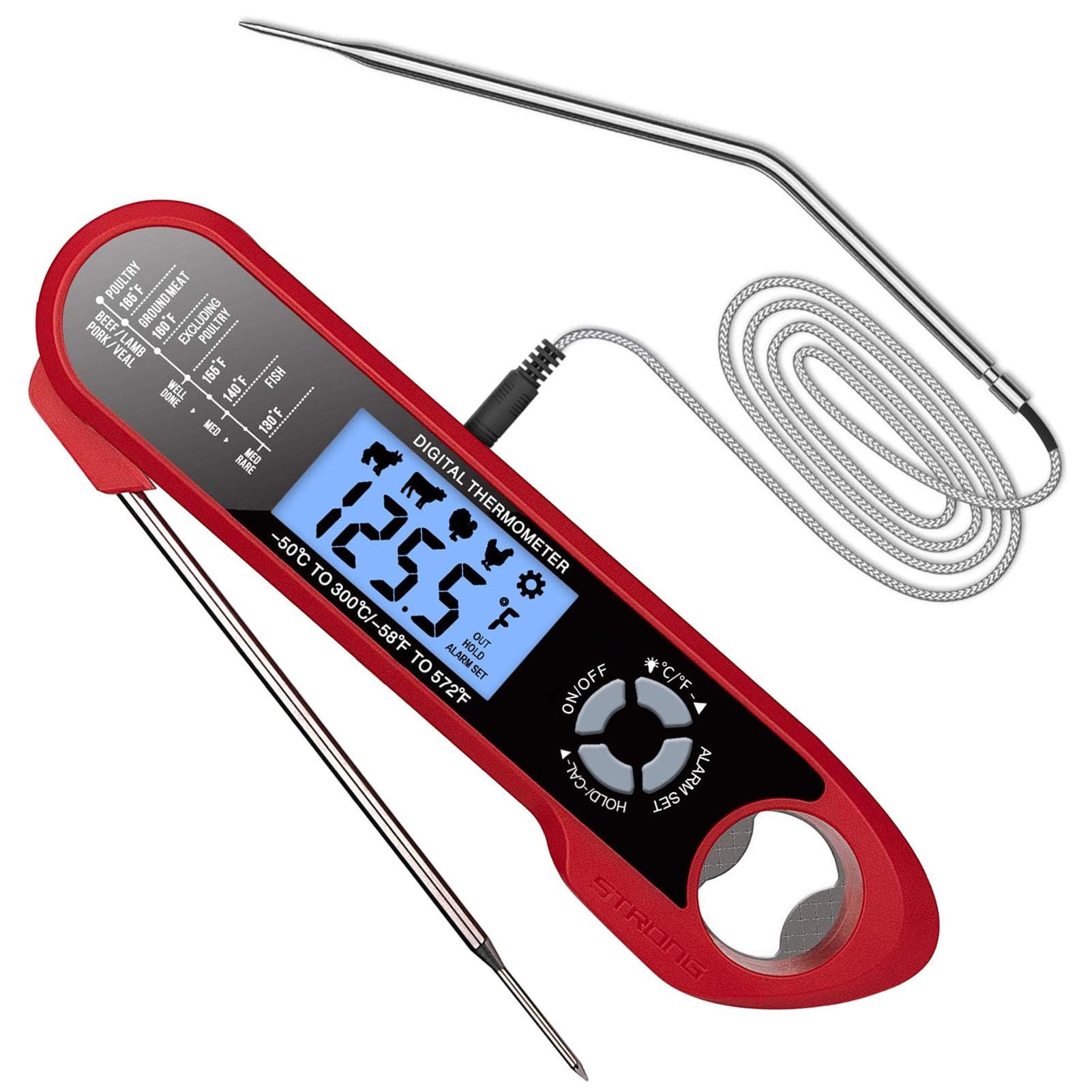 2 in 1 Dual Probe Instant Read Food Meat Thermometers for Kitchen Cooking Oven Grilling with Alarm red