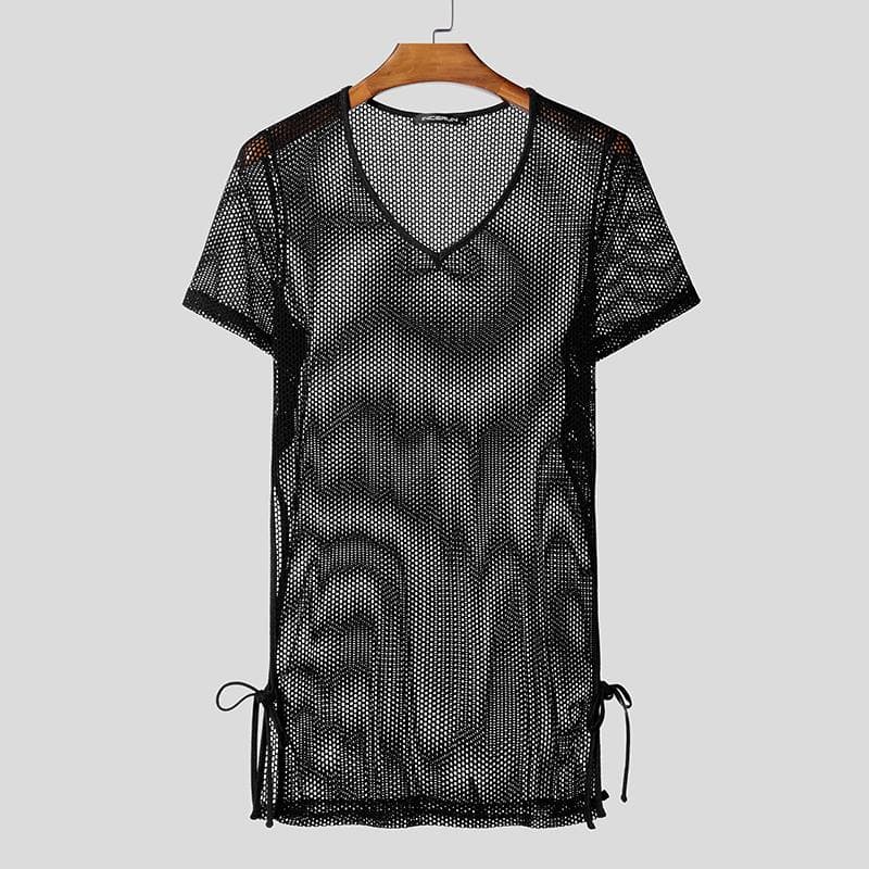 INCERUN Summer Men Short Sleeve Hollow See Through Long Beach Tank Tops 3XL black