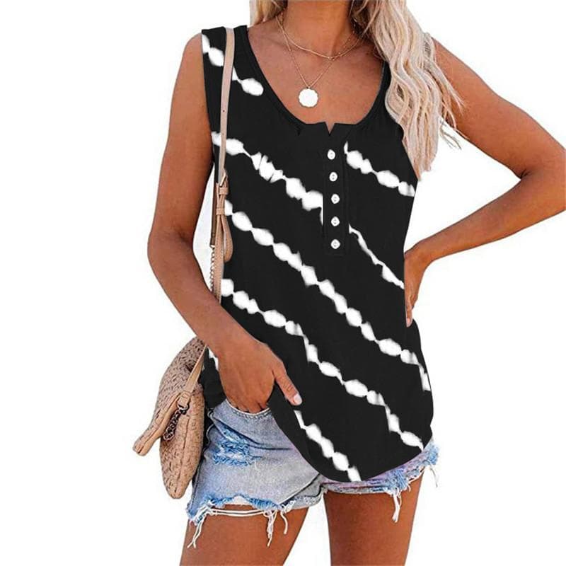 Summer Women's Round Neck Loose Striped Sleeveless Button Vest T-shirt S