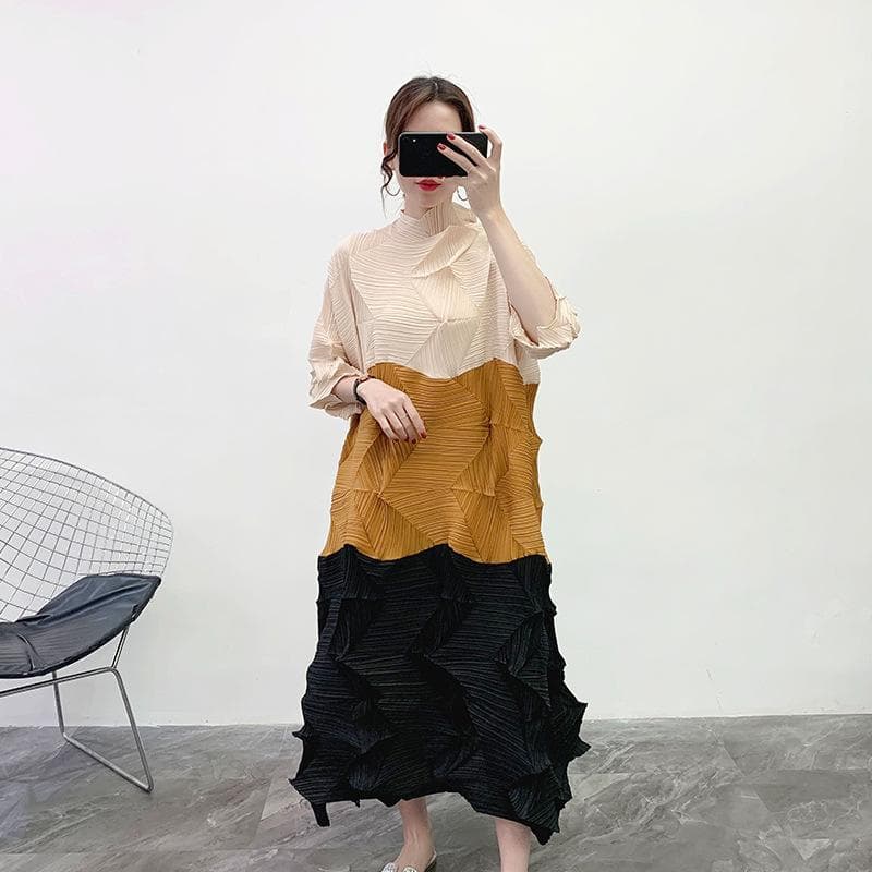 Women Long Pleated Dress Casual Fashion Irregular Ladies Wild Elegant Clothing one size black