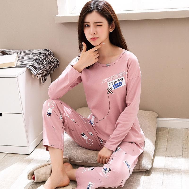 New Pure Cotton Pajamas for Women Spring and Autumn Long-sleeved Pajamas for Girls 2-piece Set Cute Student Cartoon Home Clothes Set XL