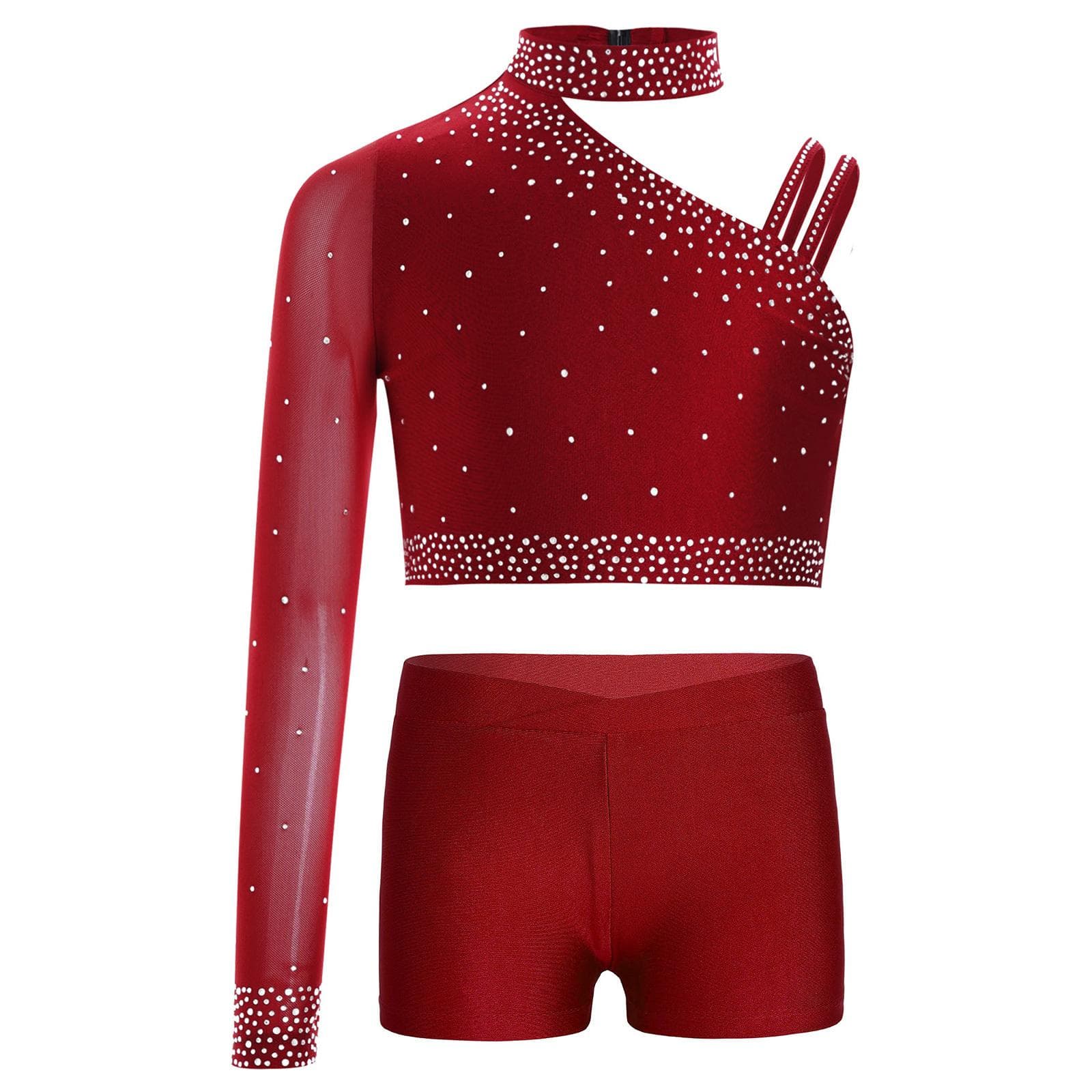 Girls Sparkly Dance Top Irregular Shoulder Crop Top V Front Waistband Shorts Rhinestone Stage Costume 5-6 Years burgundy