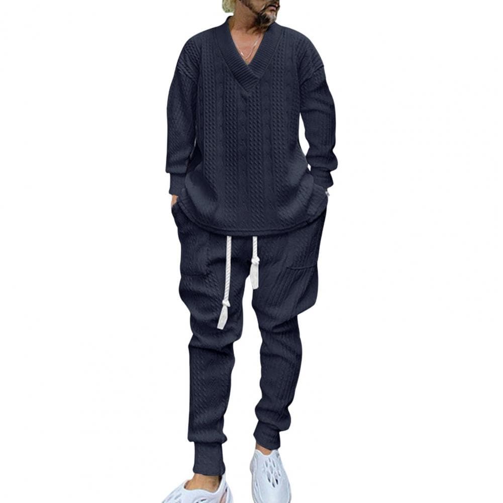 2Pcs/Set Men Sportswear Suit V-Neck Long Sleeve Tops Elastic Drawstring Waist Sweatpants with Pockets Set Twist Texture Leisurew M navy blue