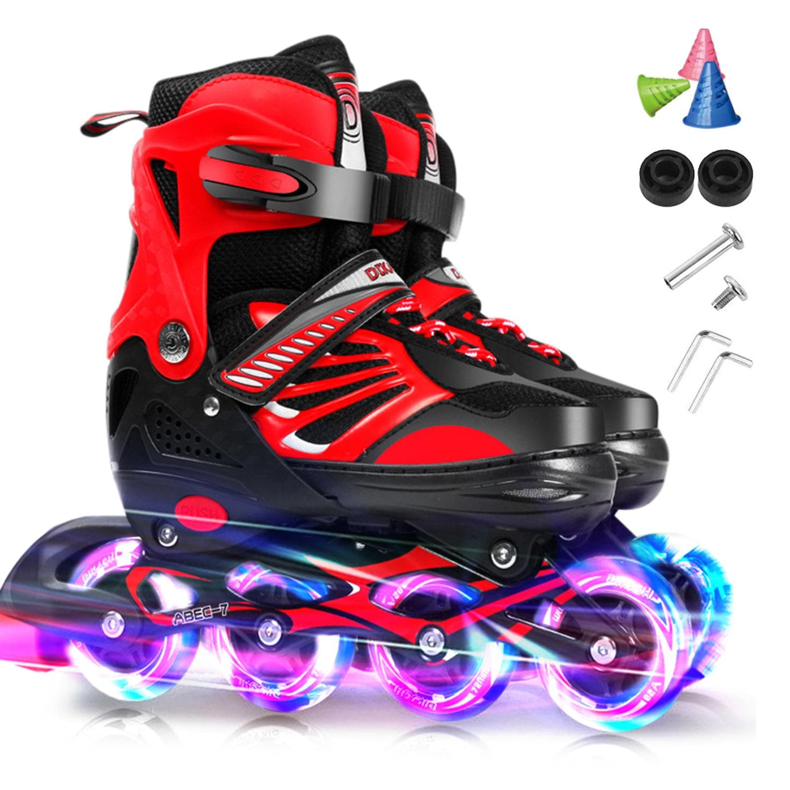 Skate Shoes for Kids Adjustable Illuminating Inline Skates with Light Up Wheels for Kids and Youth M red