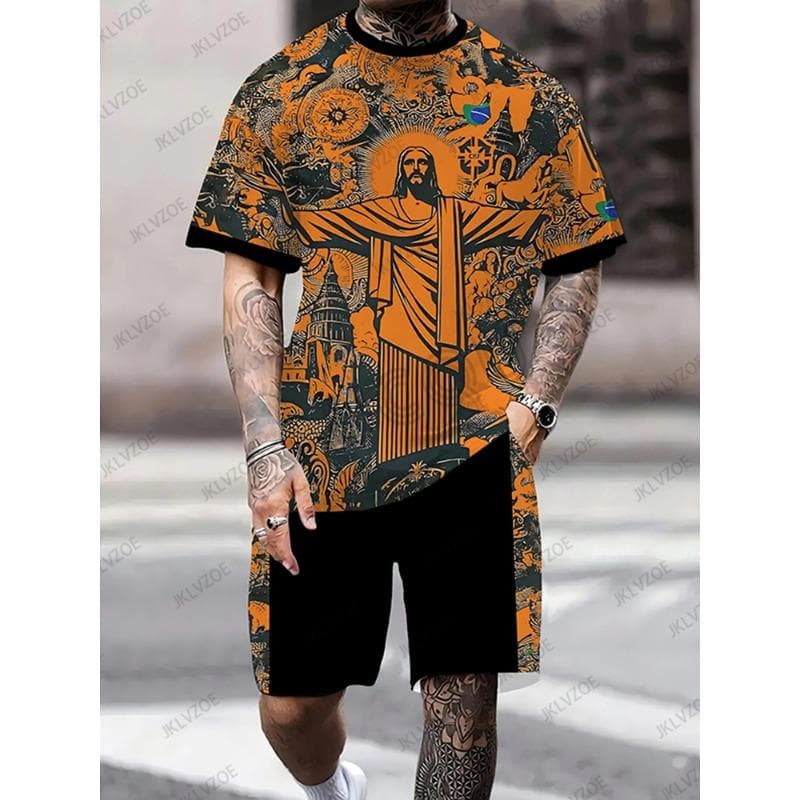 Summer Brazil Jesus Special Edition Football Jersey T-shirt+Shorts Set Sports Training Uniform Casual Kids/Adult Outfit XXS