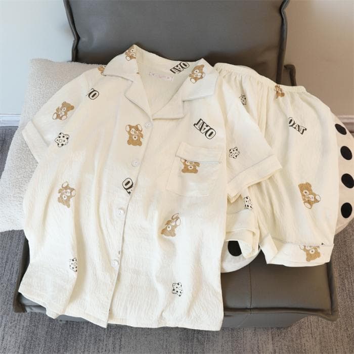 Funny Letter Bear Print Pajamas Women Cartoon Sweet Cute Casual Women's 2-Piece Lounge Wear Simple Pajamas Pajamas Set M
