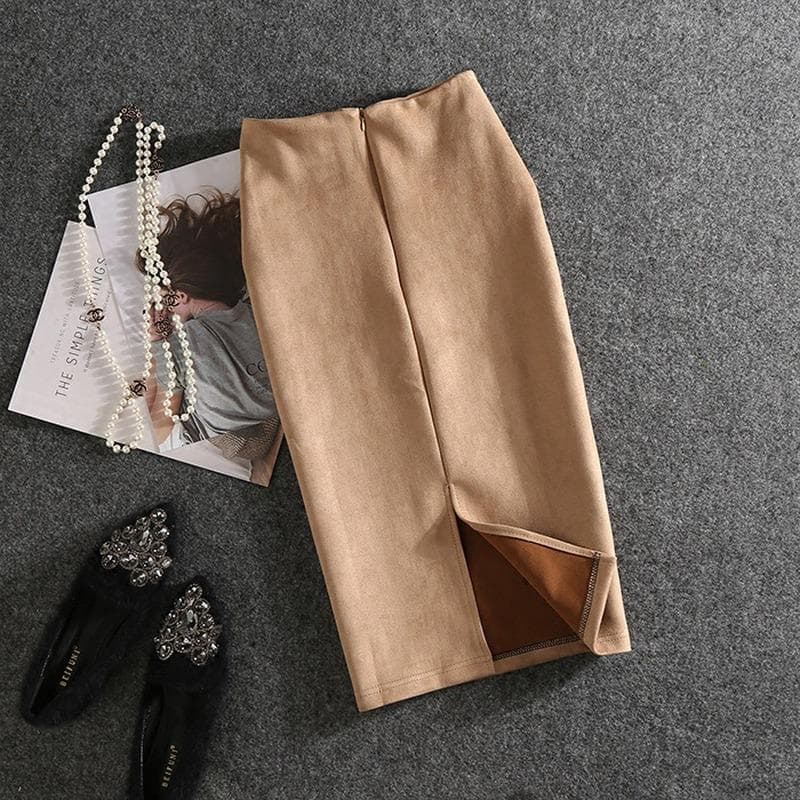 Women Skirts Suede Split Thick Stretchy Skirt Female Pencil Skirts Plus Size Skirt L gold