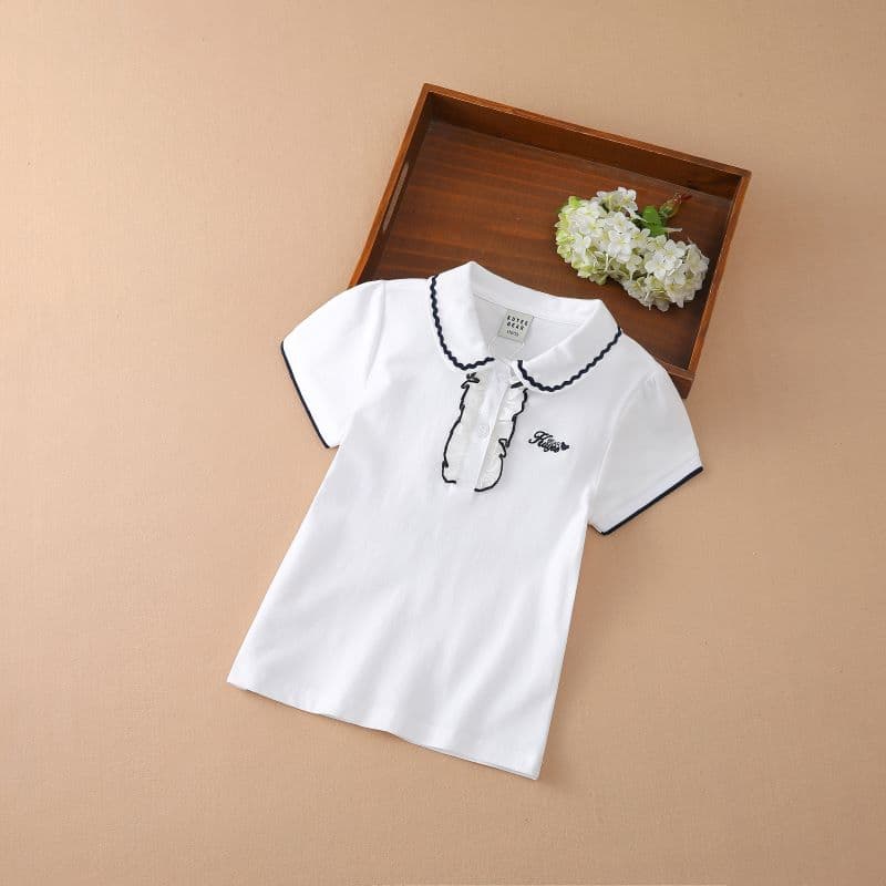 Girls Polo Shirt Summer Short Sleeves Tops Children Cotton T-shirt Turn-down Collar Clothing 4-12 Years Kids Cute Clothes 160 white