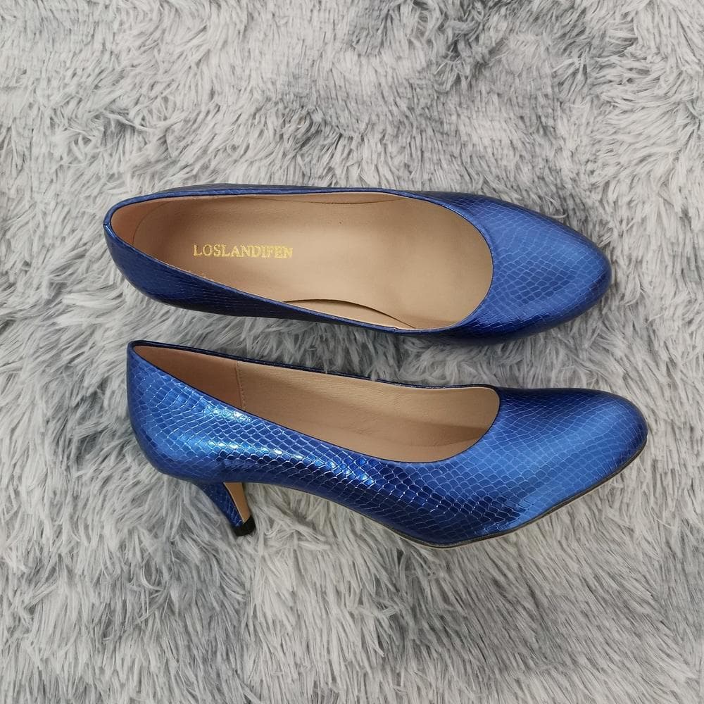 LOSLANDIFEN Ladies Shoes Women Pumps New Solid Tip High Heels Woman Zapatos Mujer Office Medium Heel shoe 42 blue