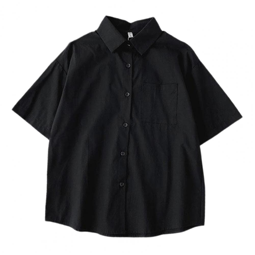 Women Casual Shirt Lapel Short Sleeve Single Breasted Shirt Tops Solid Color Patch Pocket Loose Fit Shirt M black