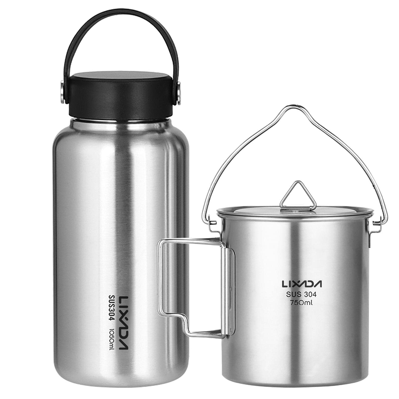LIXADA 1050ml Stainless Steel Water Bottle Leak Proof Sports Bottle with 750ml Hanging Pot for Bottle & Hanging Pot