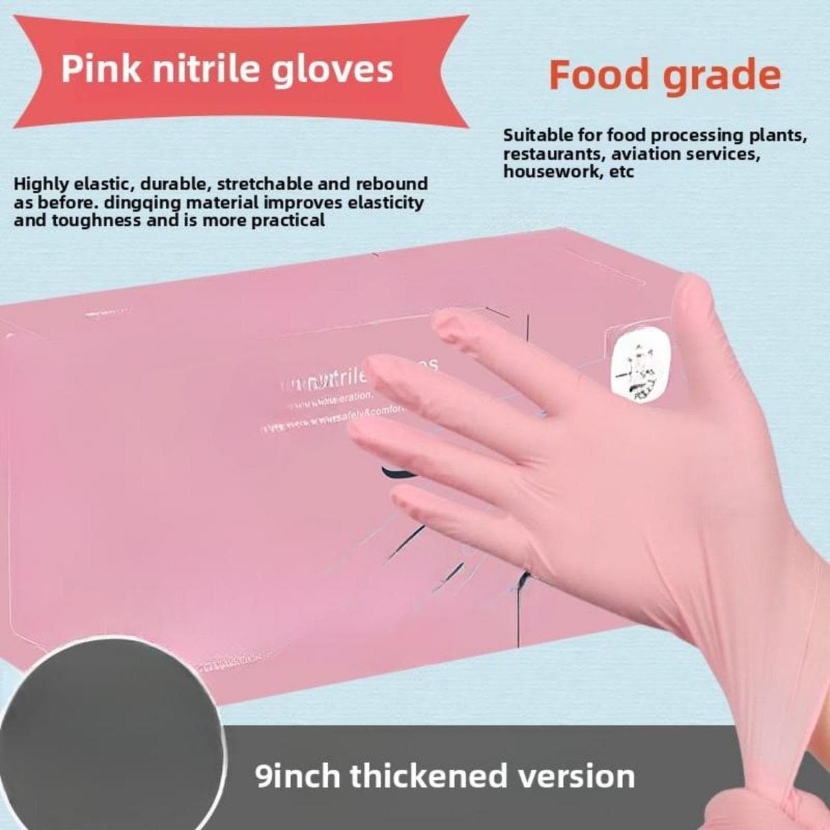 10/20/50/100 Disposable Nitrile Gloves, Waterproof, Latex Free, Powder Free, with Battery Glowing, Suitable for Household and Kitchen Cleaning XL-100PCS pink