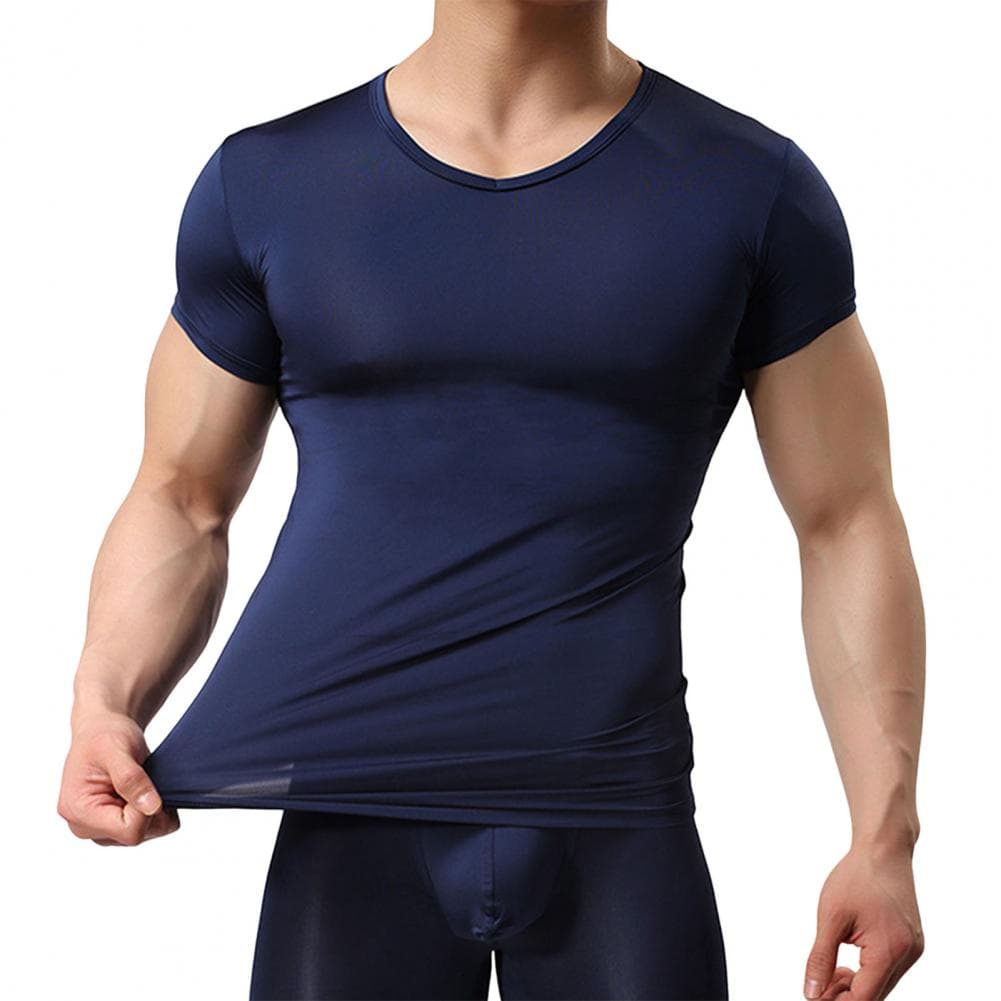 Summer Men Top Ultrathin Sweat Absorption Quick-drying Short Sleeves Round Neck Slim Fit Solid Color Breathable Elastic Casual P M royal blue