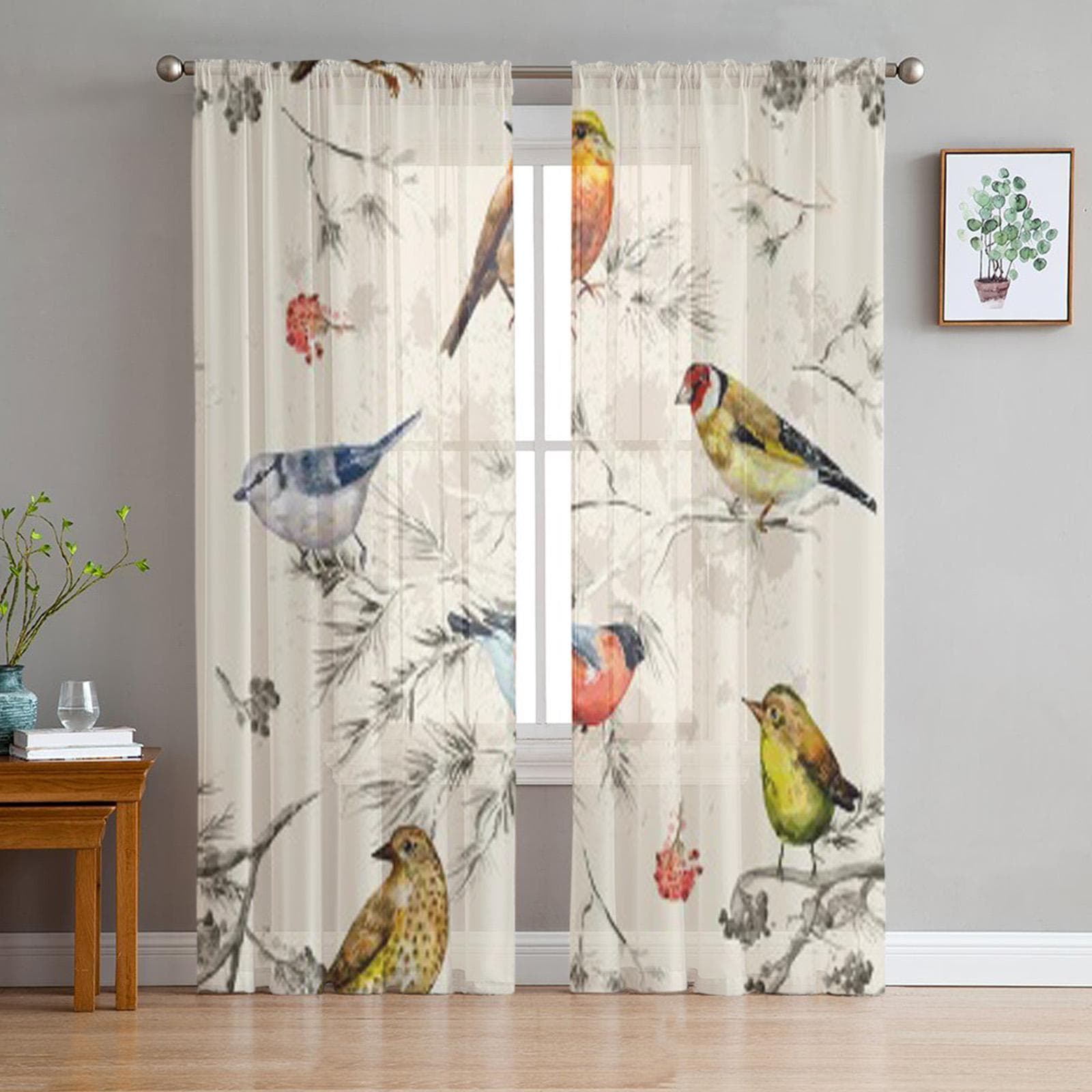 Vintage Birds Sheer Curtains for Living Room Transparent Tulle Window Treatments Bedroom Kitchen Home Decor Veil Drapes 135W x 183H(cm)