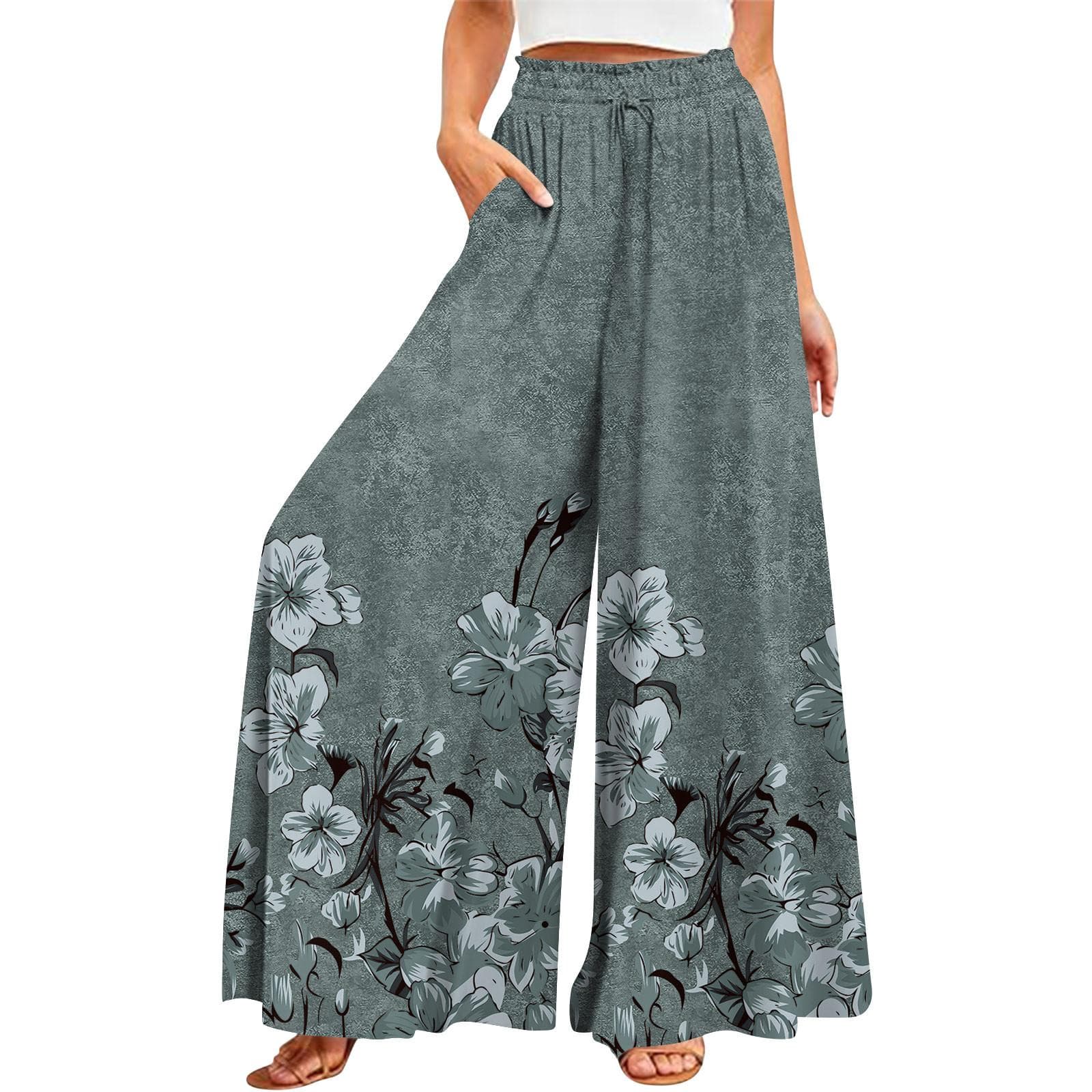 Women's Summer Wide Leg Pants High Waisted Flowing Pockets Fashion Casual Casual Bohemian Printed Beach Pants XL gray