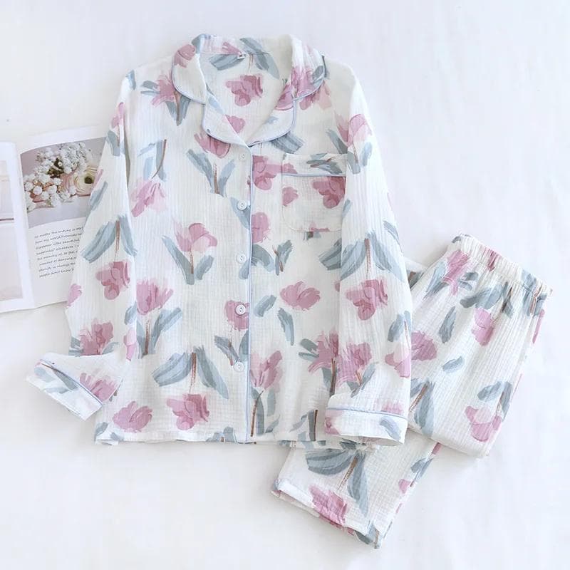 Spring and Autumn New Women's Pajama Set 100% Cotton Long Sleeved Pants Two Piece Set Cardigan Plus Size Home Furnishing XXL white