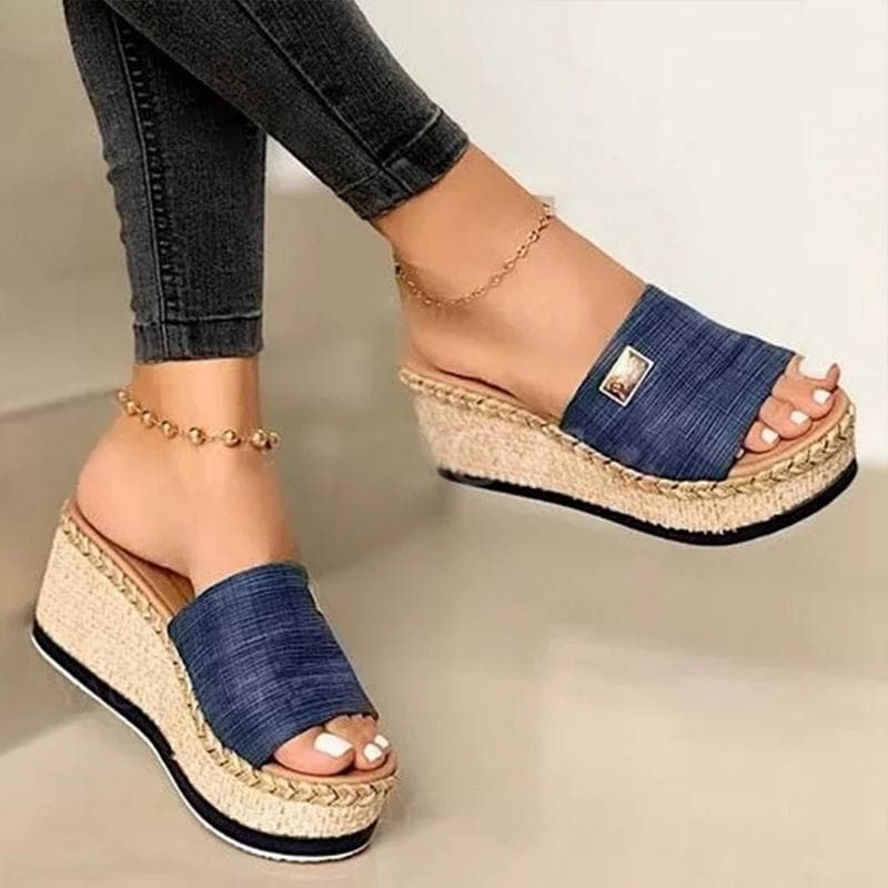 Summer Wedges Slippers Platform High Heels Women Slipper Ladies Outside Shoes Basic Clog Wedge Slipper Flip Flop Sandals 36 blue