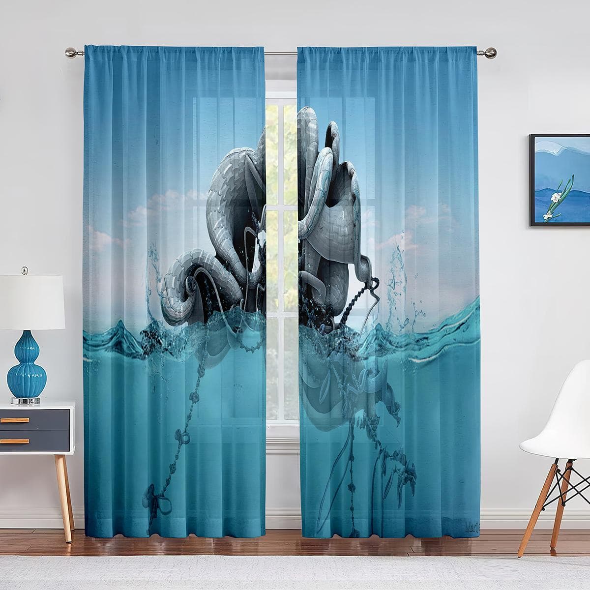 Ocean Kraken Blue Octopus Tentacles Marine Life Tulle Curtains for Living Room Bedroom Sheer Voile Window Curtains Party Drapes 1 PCS W250XH250cm&Grommet Top