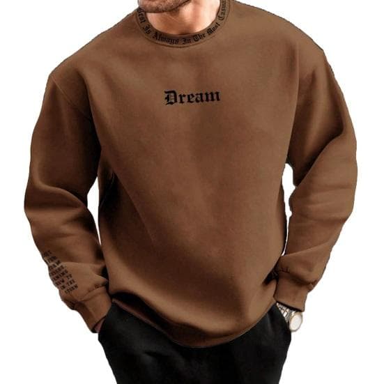 Men Fall Winter Sweatshirt Round Neck Long Sleeve Letter Print Long Sleeve Thick Loose Soft Warm Mid Length Men Casual Top XL coffee